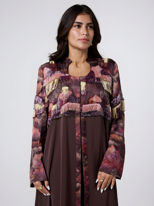 Premium Artistic Print Abaya with Handcrafted Fringe Embroidery