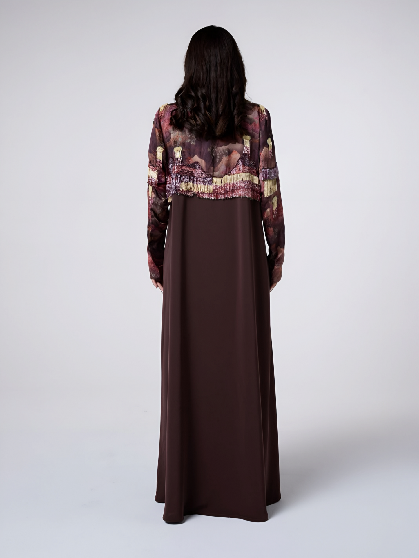 Premium Artistic Print Abaya with Handcrafted Fringe Embroidery