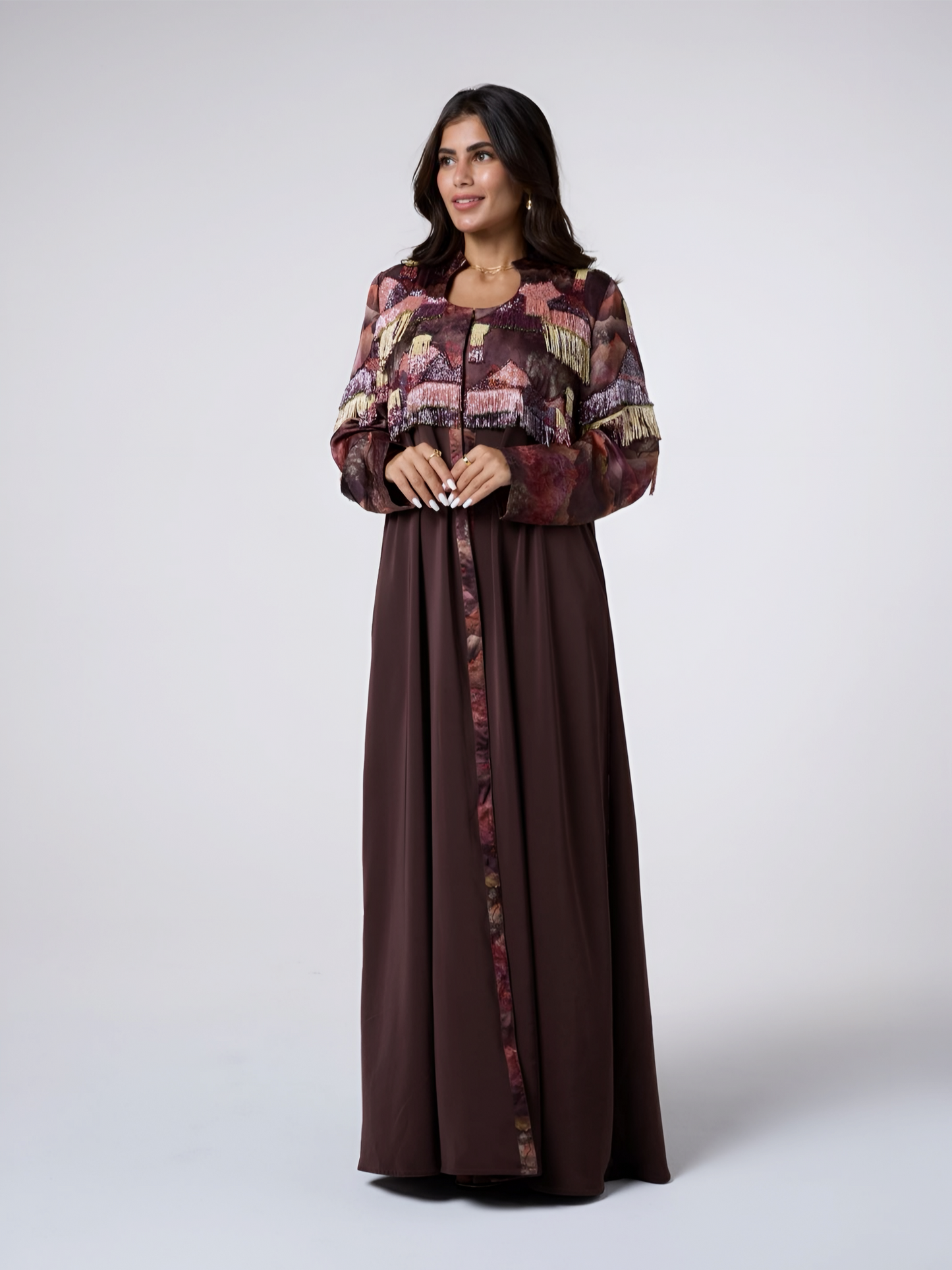Premium Artistic Print Abaya with Handcrafted Fringe Embroidery